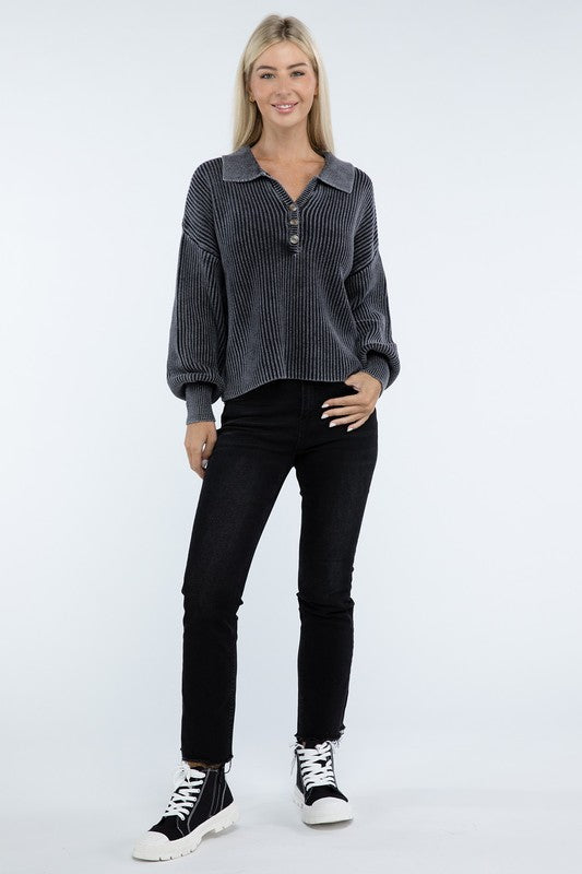 Washed Collared Henley Sweater-Charmful Clothing Boutique