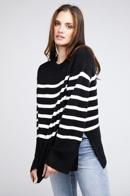 Ribbed Hem Stripe Sweater-Charmful Clothing Boutique