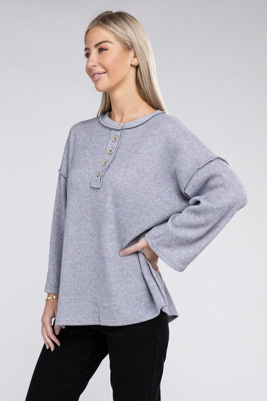 Ribbed Brushed Melange Hacci Henley Sweater-Charmful Clothing Boutique