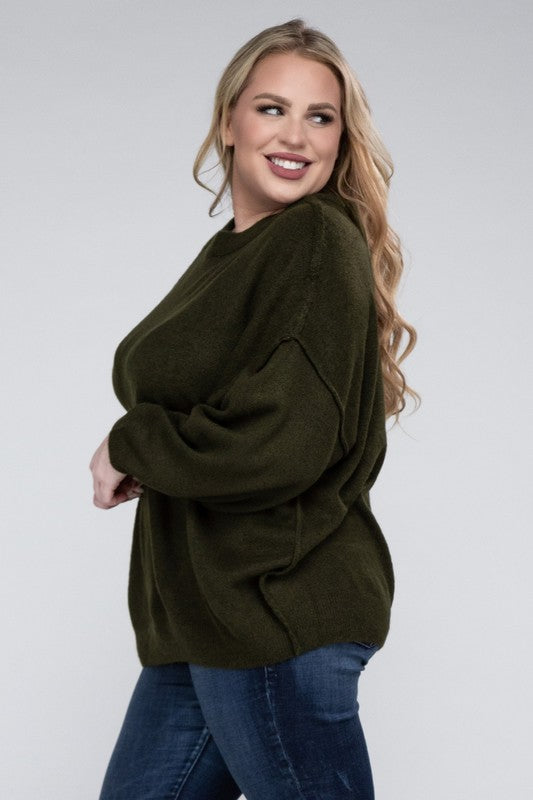 Plus Oversized Round Neck Raw Seam Melange Sweater-Charmful Clothing Boutique