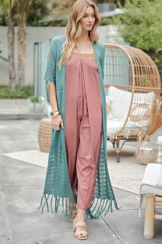 Solid Long Cardigan With Fringe-Charmful Clothing Boutique