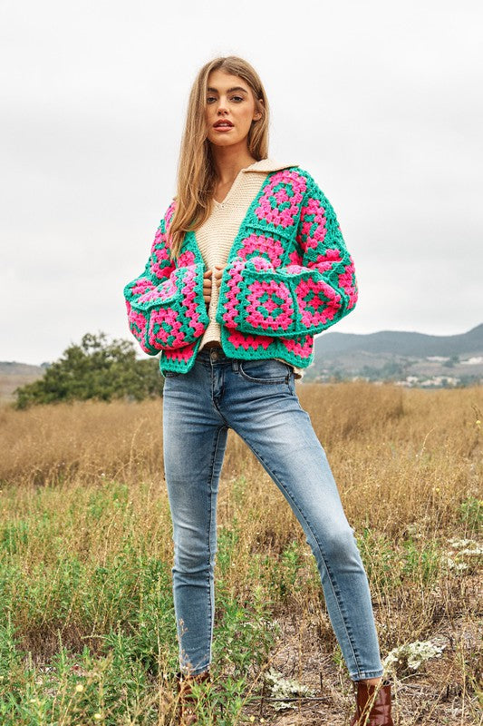 Two-Tone Floral Square Crochet Open Knit Cardigan-Charmful Clothing Boutique