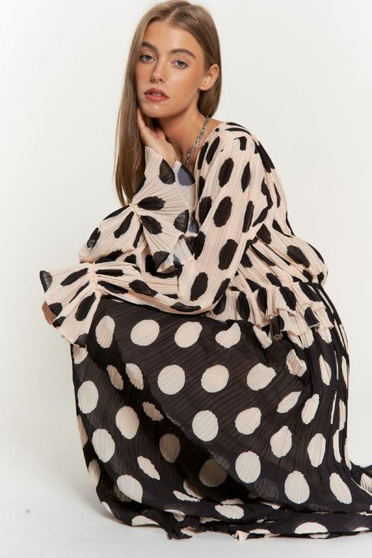 Polka Dot Ruffled Long Sleeve Pleated Maxi Dress-Charmful Clothing Boutique