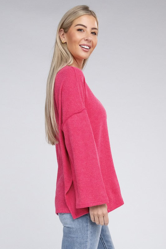 Ribbed Brushed Melange Hacci Henley Sweater-Charmful Clothing Boutique