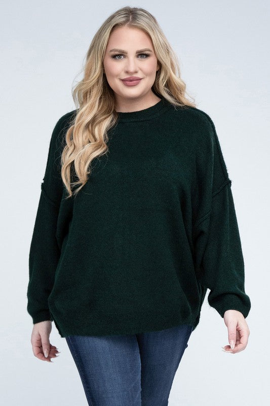 Plus Oversized Round Neck Raw Seam Melange Sweater-Charmful Clothing Boutique