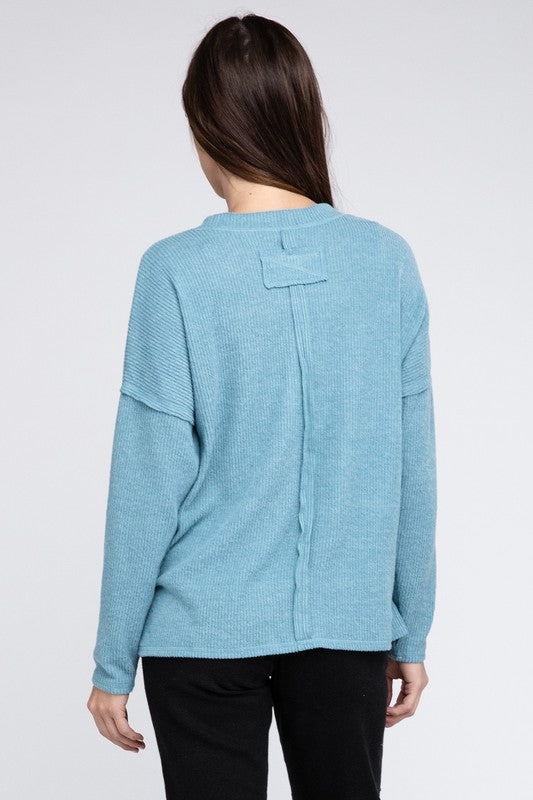 Ribbed Brushed Melange Hacci Sweater with a Pocket-Charmful Clothing Boutique