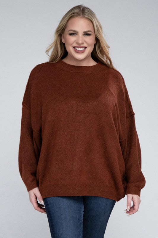 Plus Oversized Round Neck Raw Seam Melange Sweater-Charmful Clothing Boutique