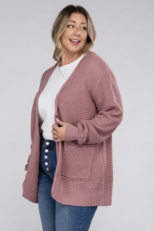 Plus Low Gauge Waffle Open Cardigan Sweater-Charmful Clothing Boutique