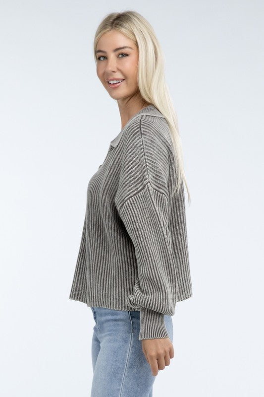 Washed Collared Henley Sweater-Charmful Clothing Boutique