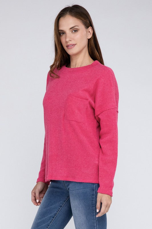 Ribbed Brushed Melange Hacci Sweater with a Pocket-Charmful Clothing Boutique