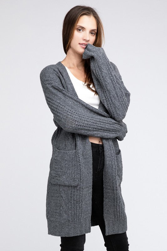 Twist Knitted Open Front Cardigan With Pockets-Charmful Clothing Boutique