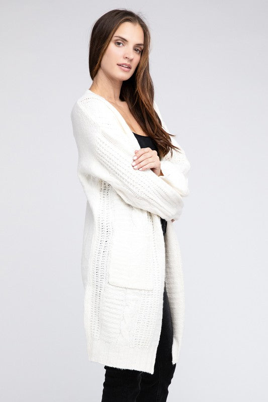 Twist Knitted Open Front Cardigan With Pockets-Charmful Clothing Boutique