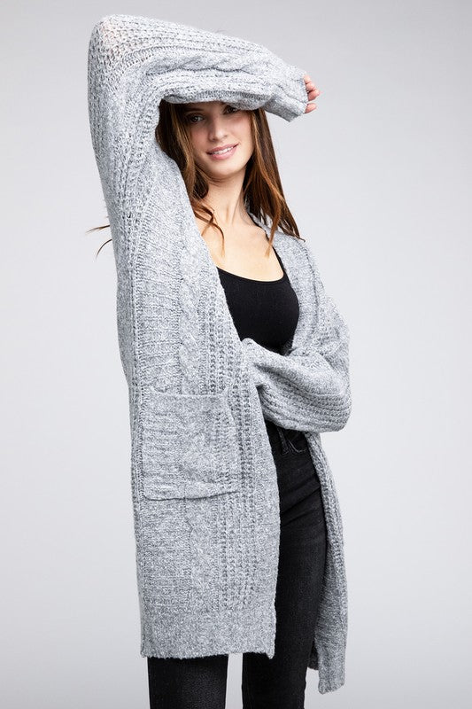 Twist Knitted Open Front Cardigan With Pockets-Charmful Clothing Boutique