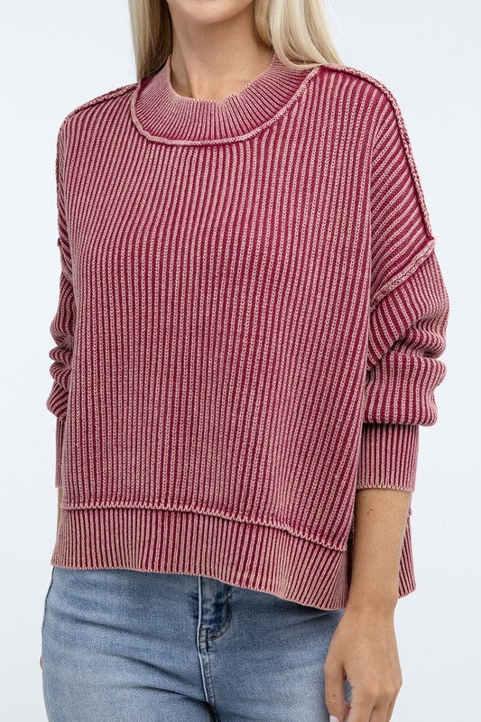 Washed Side Slit Oversized Cropped Sweater-Charmful Clothing Boutique