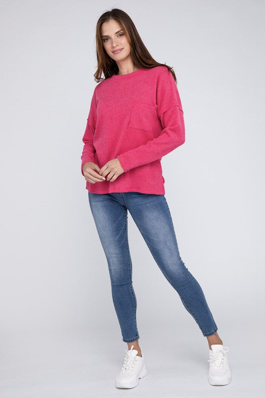 Ribbed Brushed Melange Hacci Sweater with a Pocket-Charmful Clothing Boutique