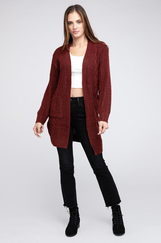 Twist Knitted Open Front Cardigan With Pockets-Charmful Clothing Boutique