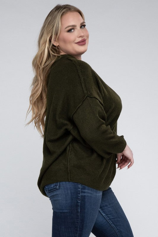 Plus Oversized Round Neck Raw Seam Melange Sweater-Charmful Clothing Boutique