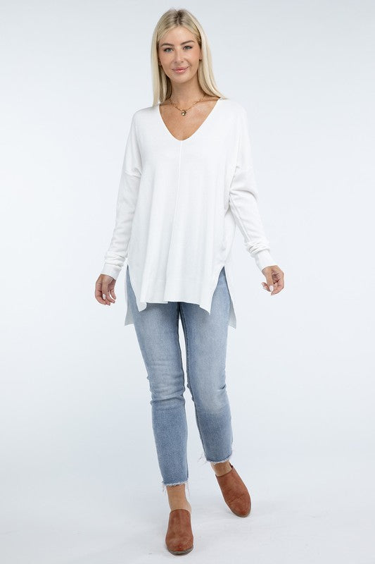 Hi-Low Hem Front Seam Sweater-Charmful Clothing Boutique