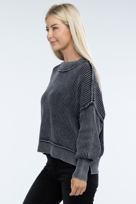 Washed Side Slit Oversized Cropped Sweater-Charmful Clothing Boutique