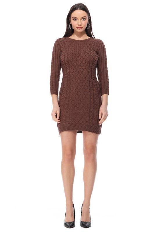 Round Neck Cable Knit Long Sleeve Sweater Dress-Charmful Clothing Boutique