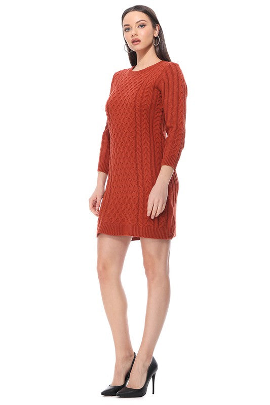 Round Neck Cable Knit Long Sleeve Sweater Dress-Charmful Clothing Boutique