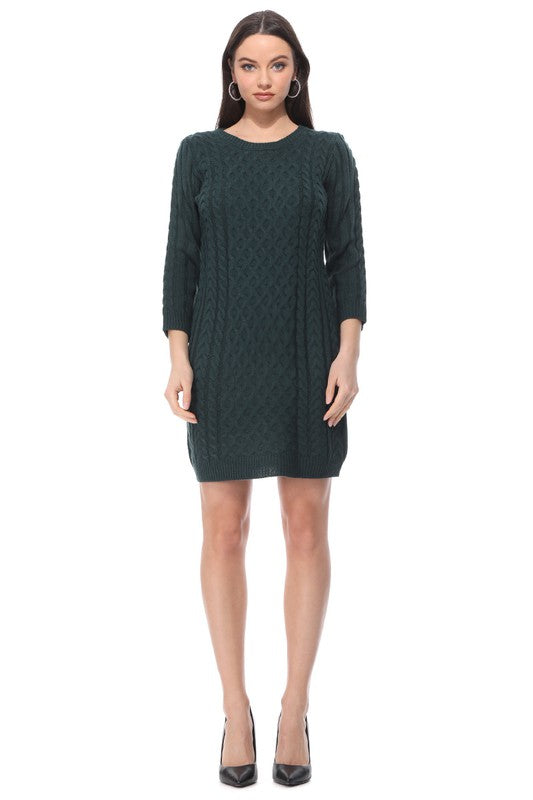 Round Neck Cable Knit Long Sleeve Sweater Dress-Charmful Clothing Boutique