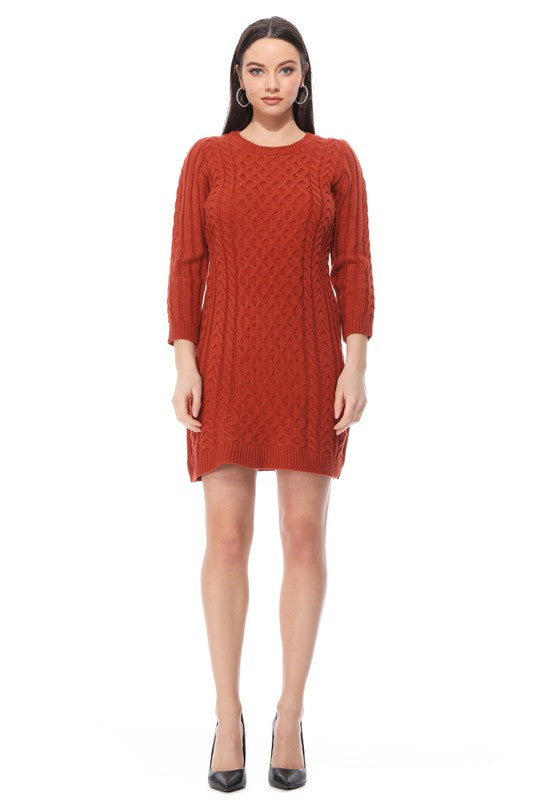 Round Neck Cable Knit Long Sleeve Sweater Dress-Charmful Clothing Boutique