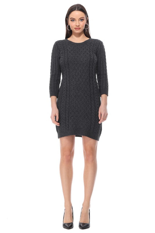 Round Neck Cable Knit Long Sleeve Sweater Dress-Charmful Clothing Boutique