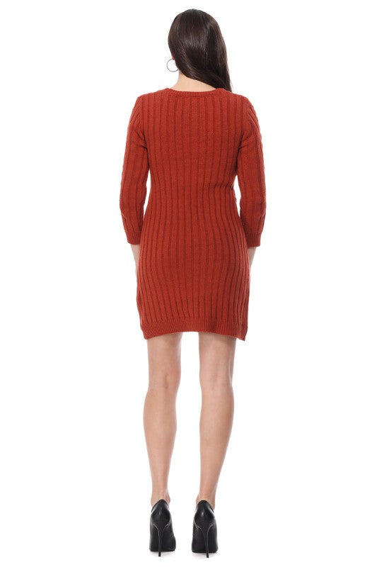 Round Neck Cable Knit Long Sleeve Sweater Dress-Charmful Clothing Boutique