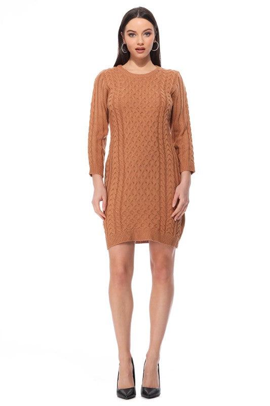 Round Neck Cable Knit Long Sleeve Sweater Dress-Charmful Clothing Boutique