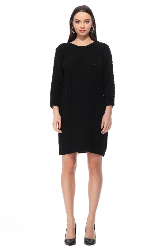 Round Neck Cable Knit Long Sleeve Sweater Dress-Charmful Clothing Boutique