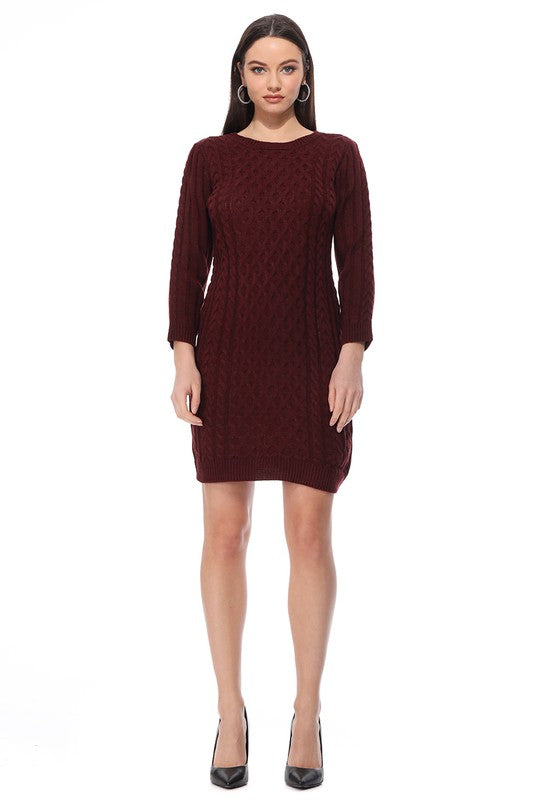 Round Neck Cable Knit Long Sleeve Sweater Dress-Charmful Clothing Boutique