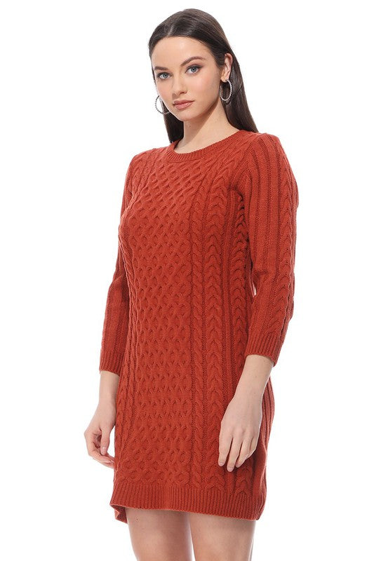 Round Neck Cable Knit Long Sleeve Sweater Dress-Charmful Clothing Boutique