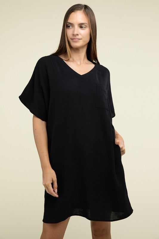 Woven Airflow V Neck T-Shirt Dress with Pockets-Charmful Clothing Boutique