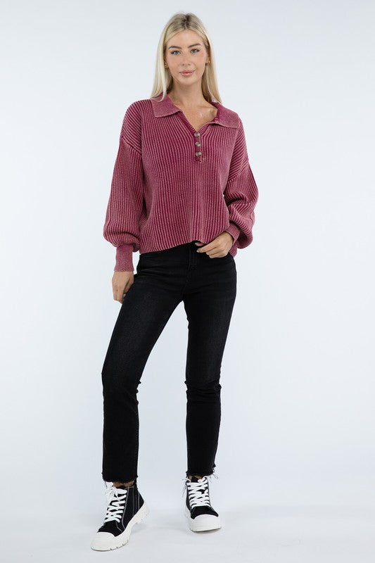 Washed Collared Henley Sweater-Charmful Clothing Boutique