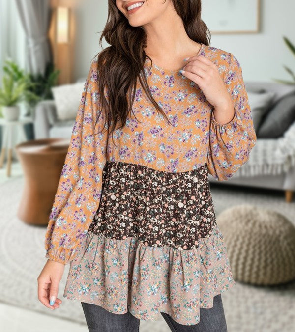 Woven Ditsy Floral Tiered Tunic-Charmful Clothing Boutique