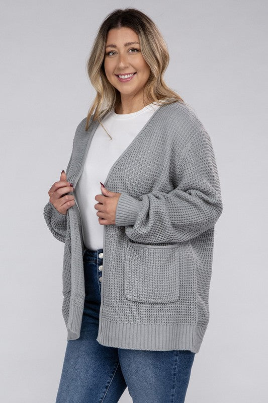 Plus Low Gauge Waffle Open Cardigan Sweater-Charmful Clothing Boutique