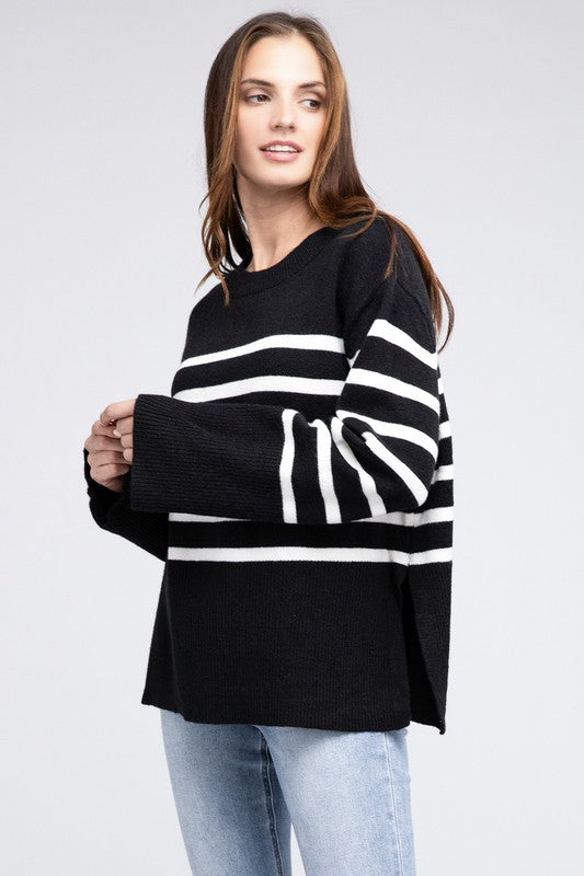 Ribbed Hem Stripe Sweater-Charmful Clothing Boutique