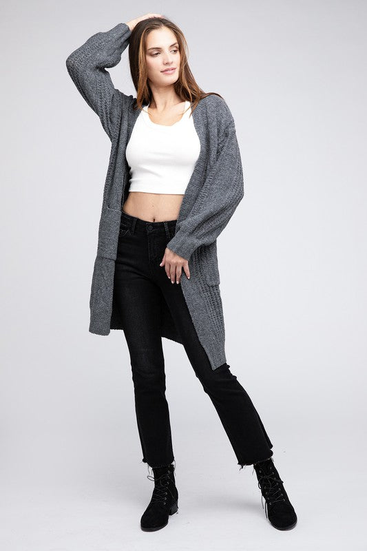 Twist Knitted Open Front Cardigan With Pockets-Charmful Clothing Boutique