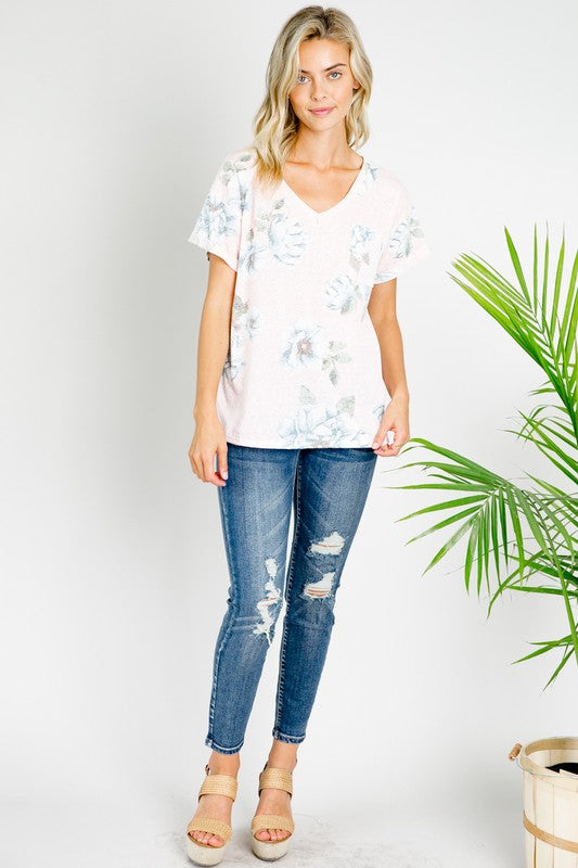 PLUS TRIBLEND FLORAL V NECK TOP-Charmful Clothing Boutique