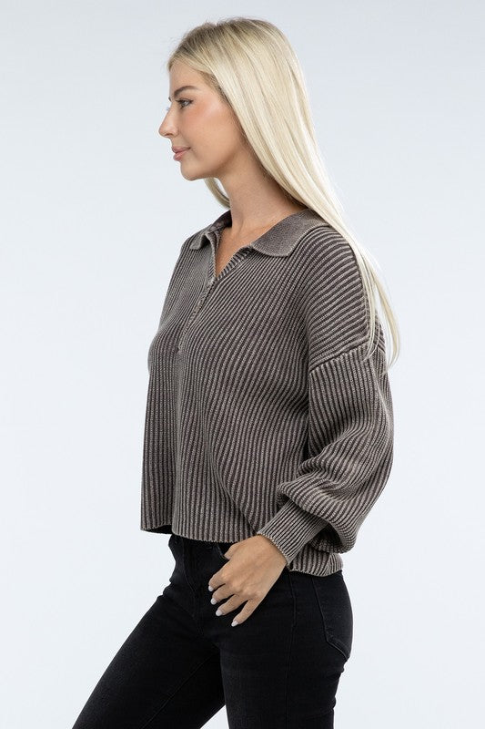 Washed Collared Henley Sweater-Charmful Clothing Boutique