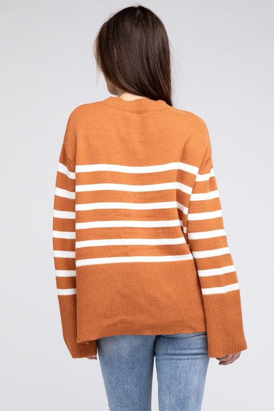 Ribbed Hem Stripe Sweater-Charmful Clothing Boutique