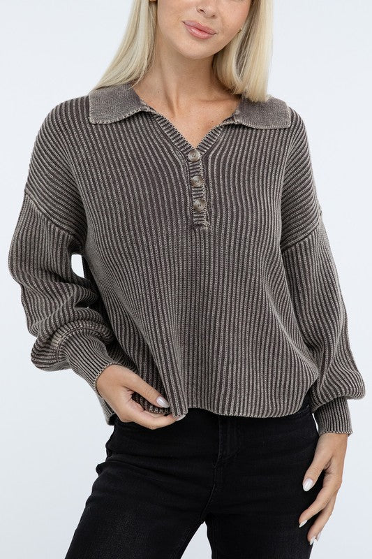 Washed Collared Henley Sweater-Charmful Clothing Boutique