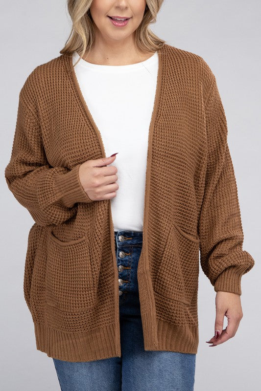 Plus Low Gauge Waffle Open Cardigan Sweater-Charmful Clothing Boutique