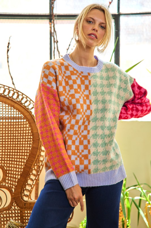 Patchwork oversized sweater top JJK5037P-Charmful Clothing Boutique