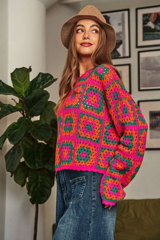 Crochet Patchwork Round Neck Pullover Sweater Top-Charmful Clothing Boutique