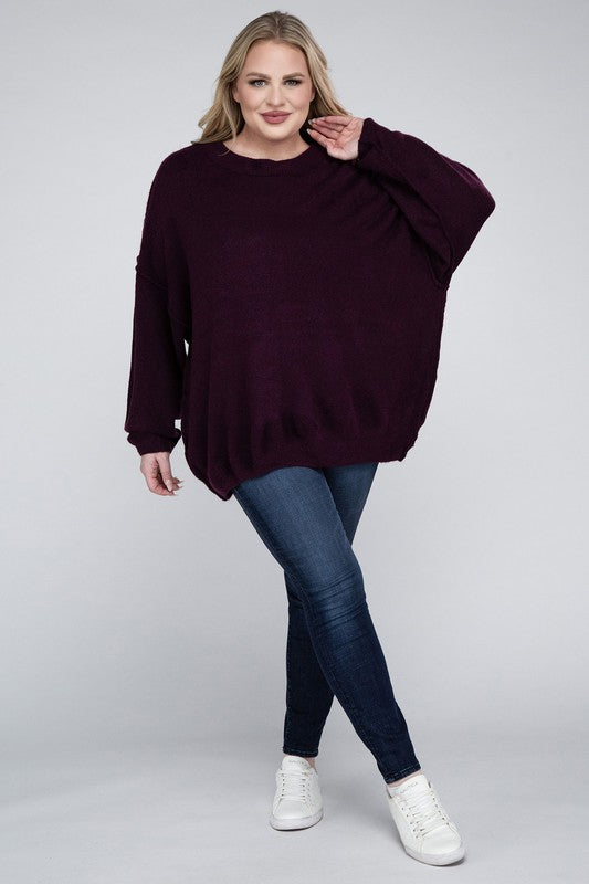 Plus Oversized Round Neck Raw Seam Melange Sweater-Charmful Clothing Boutique