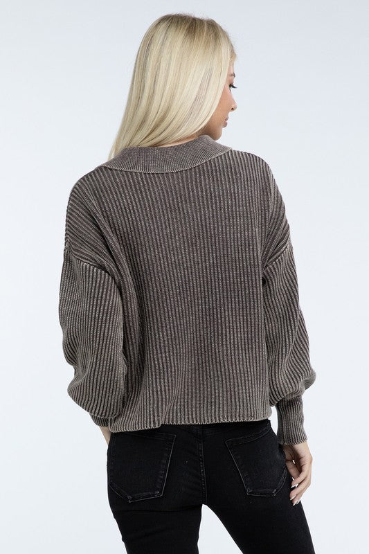 Washed Collared Henley Sweater-Charmful Clothing Boutique