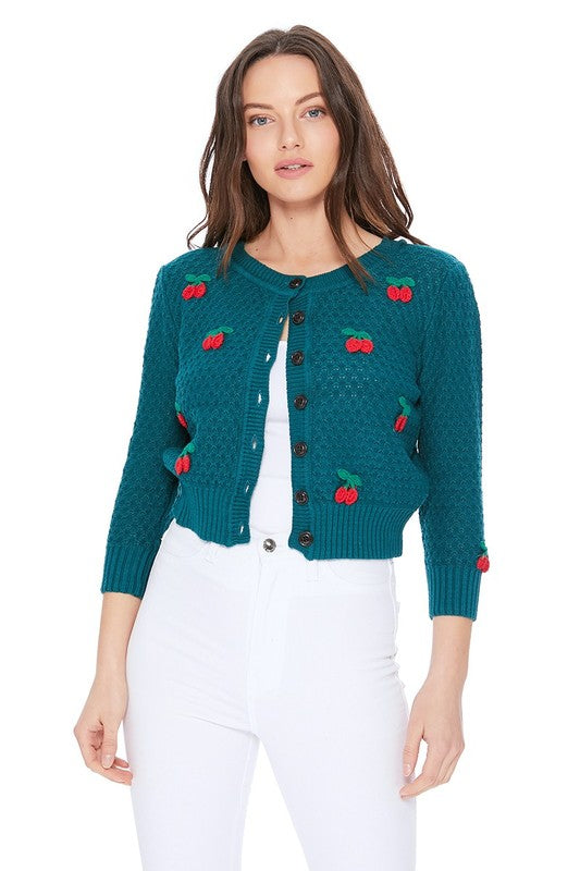 Cherry Crochet Pom Pom Cropped Cardigan Sweater-Charmful Clothing Boutique