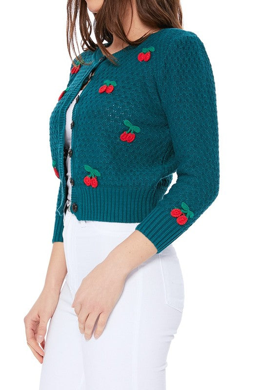 Cherry Crochet Pom Pom Cropped Cardigan Sweater-Charmful Clothing Boutique